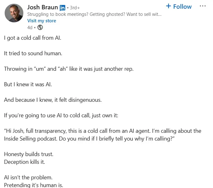 ai sales agents, cold calling can be disingenuous if ai masquerades as a human person
