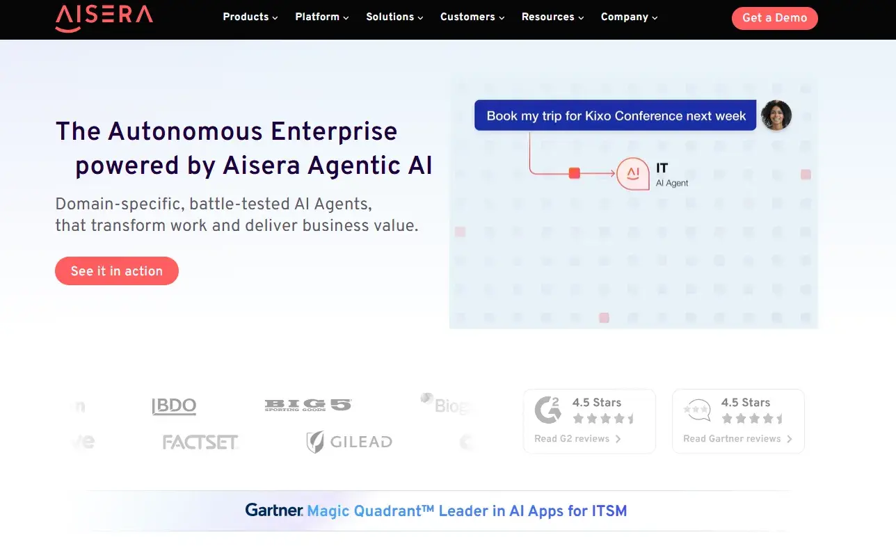 ai agents for business: screenshot of the website homepage of aisera ai agent