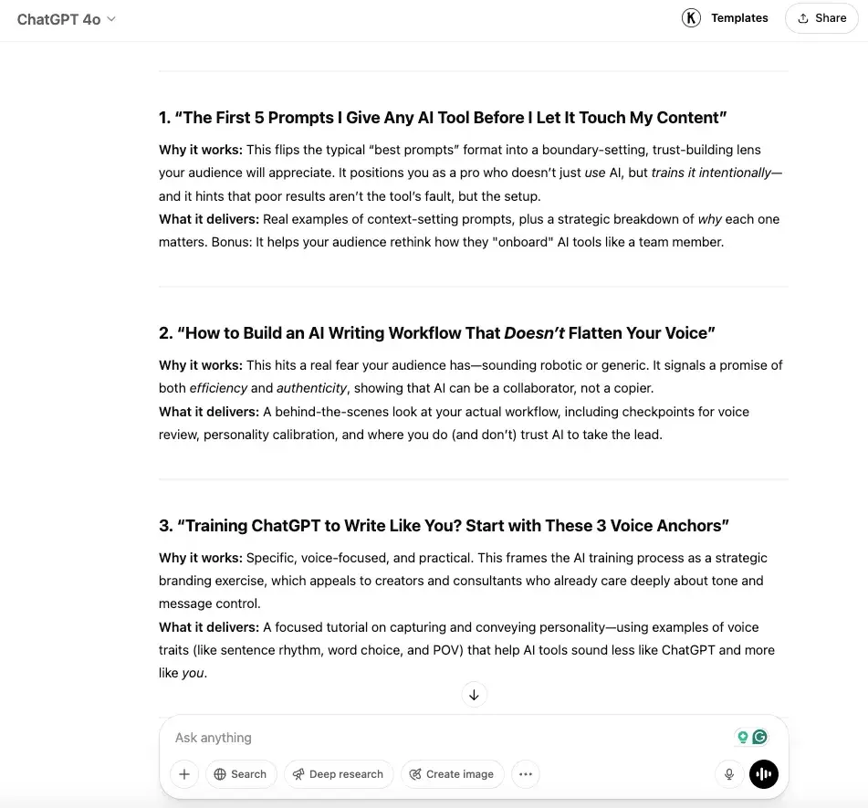 screenshot of chatgpt ai generated blog post ideas.