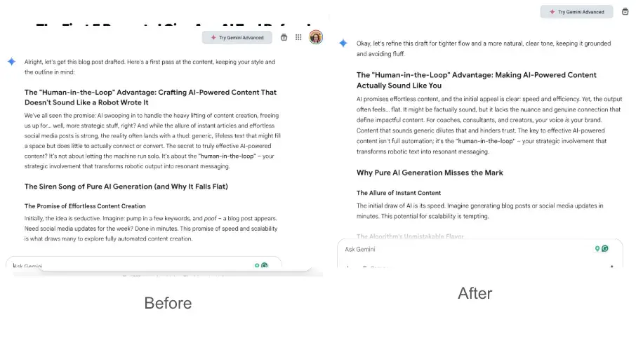 side-by-side before-after screenshot of gemini ai generated blog post editing.