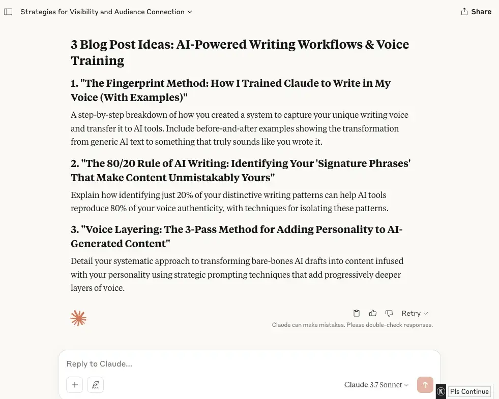 screenshot of claude ai generated blog post ideas.