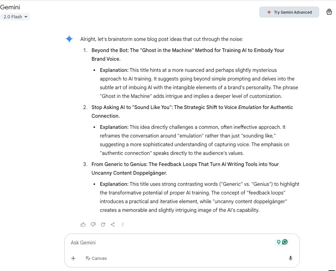screenshot of gemini ai generated blog post ideas.