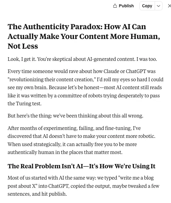 screenshot of claude first paragraph output for ai generated blog posts.