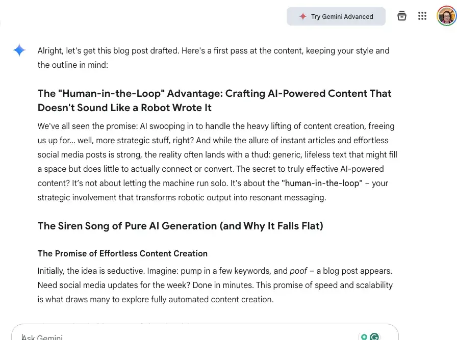 screenshot of gemini first paragraph output for ai generated blog posts.