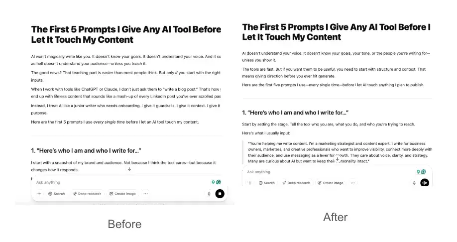 side-by-side before-after screenshot of chatgpt ai generated blog post editing.