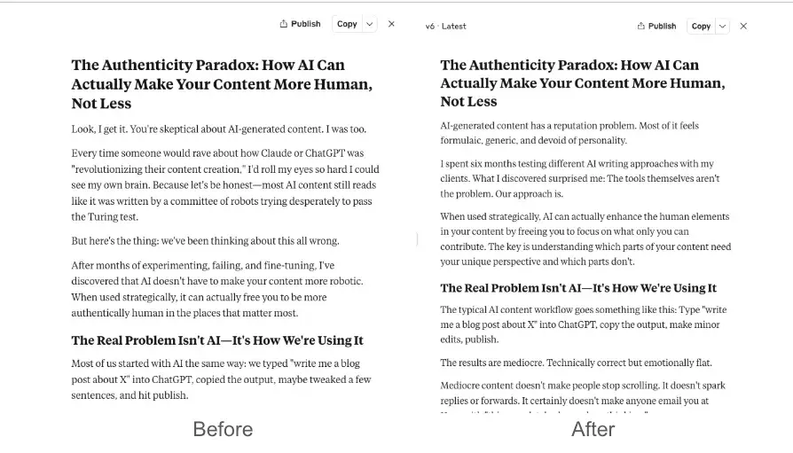 side-by-side before-after screenshot of claude ai generated blog post editing.