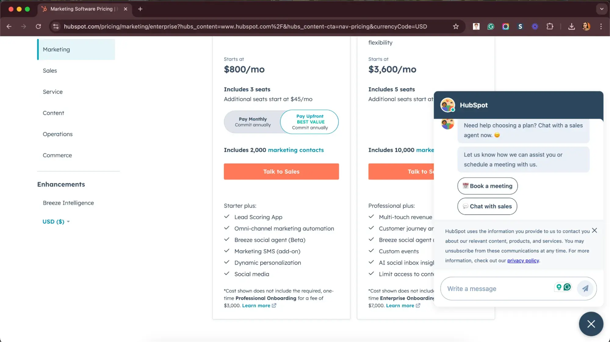 screenshot showing the ai chatbot used on hubspot’s pricing page