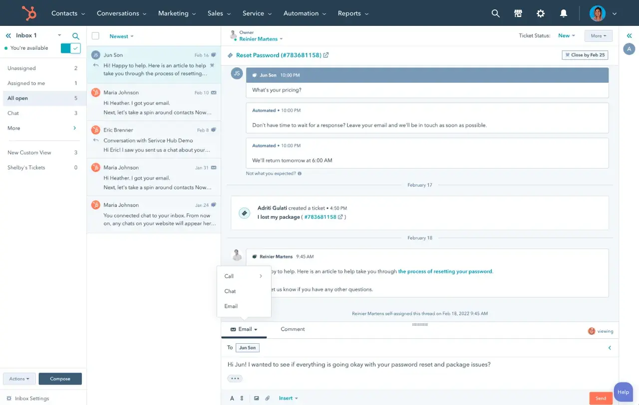 screenshot showing the setup of a chatbot in hubspot conversations