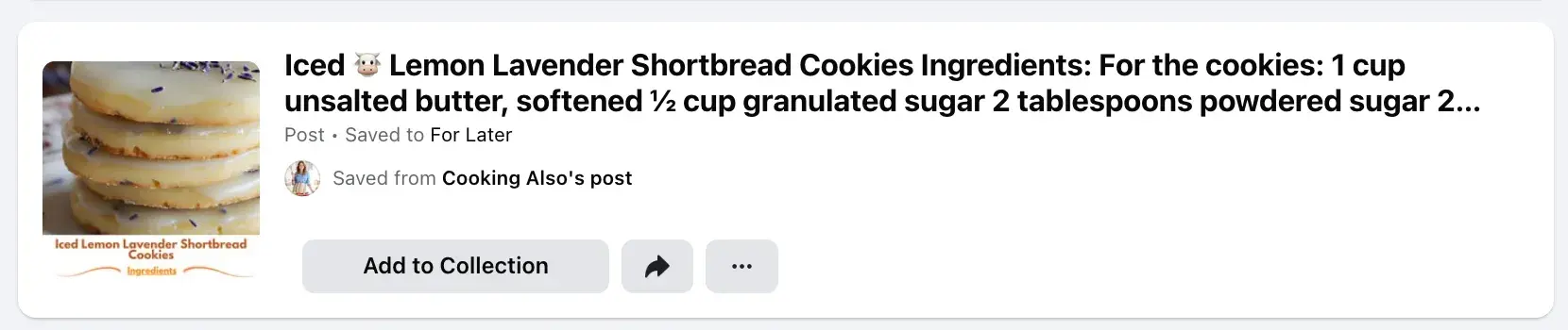 screenshot showing a recipe in facebook saves