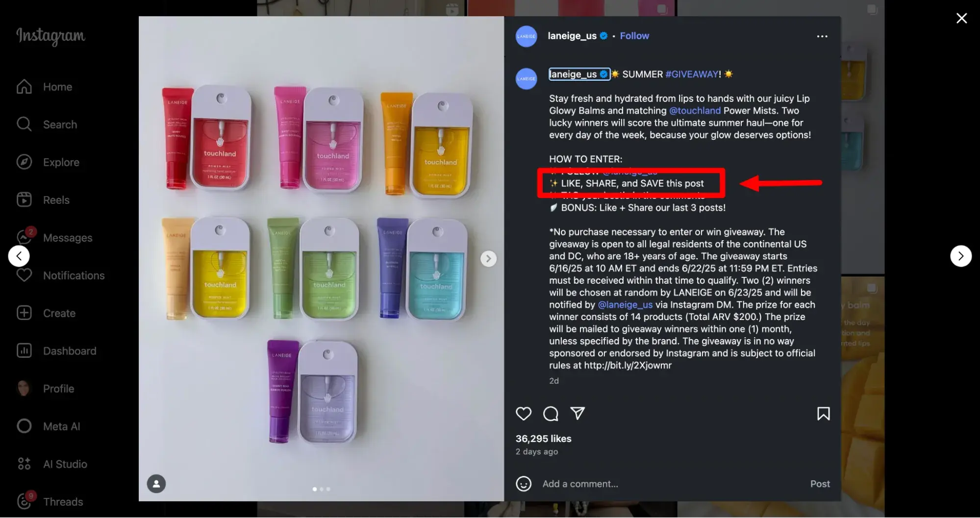 screenshot highlighting where a brand requests saves to enter a giveaway on its instagram account.