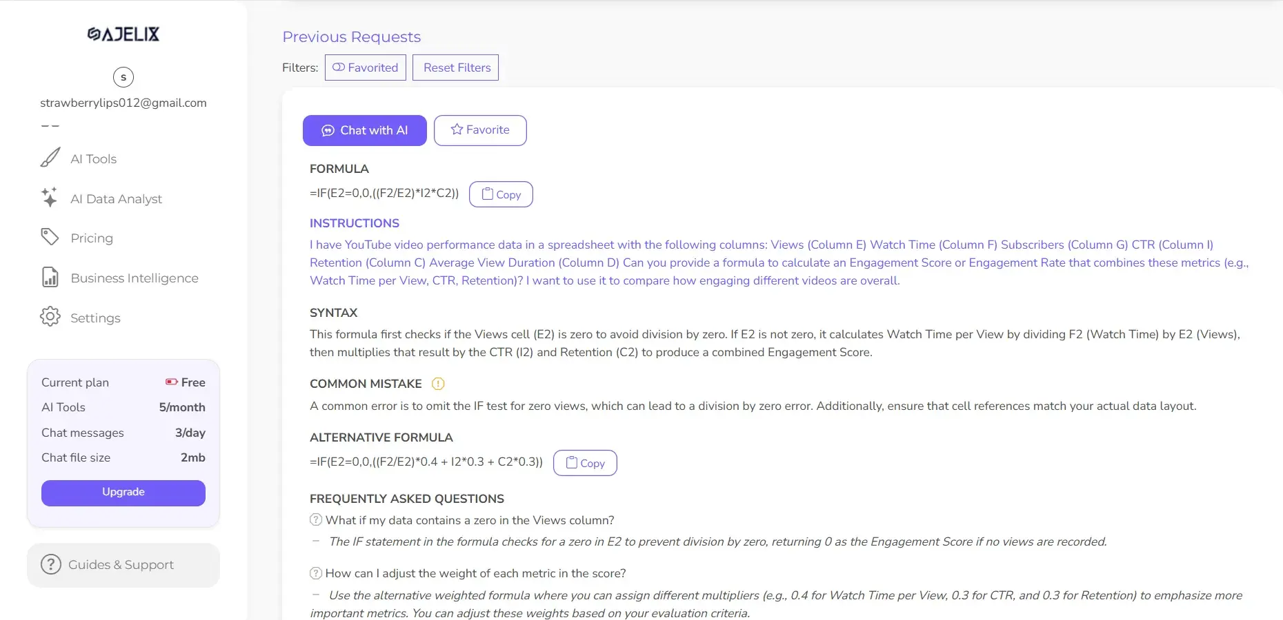 best ai tools for excel, ajelix output when analyzing my youtube metrics