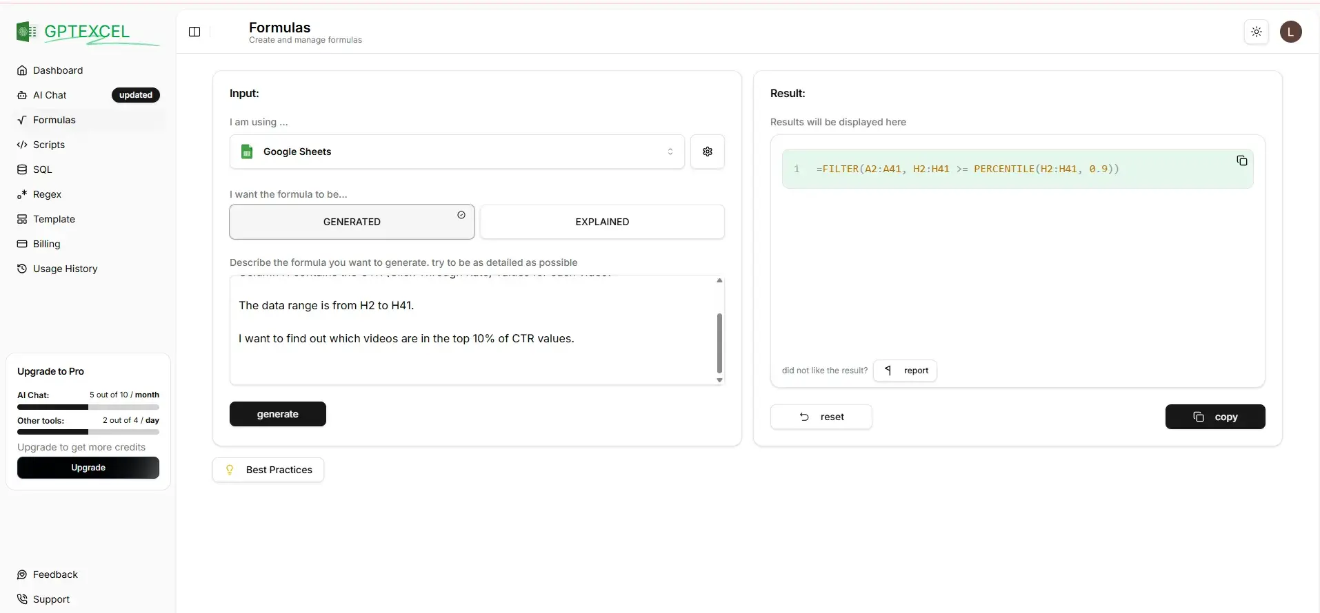 best ai tools for excel, gptexcel’s formula feature
