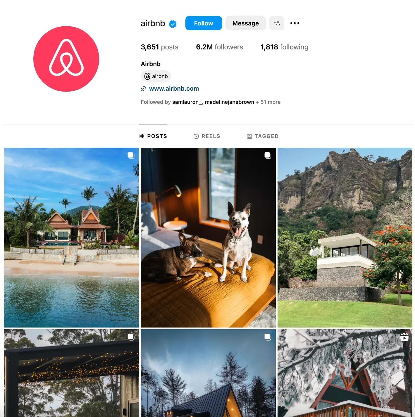 airbnb’s instagram account highlights different content formats.https://www.instagram.com/airbnb/