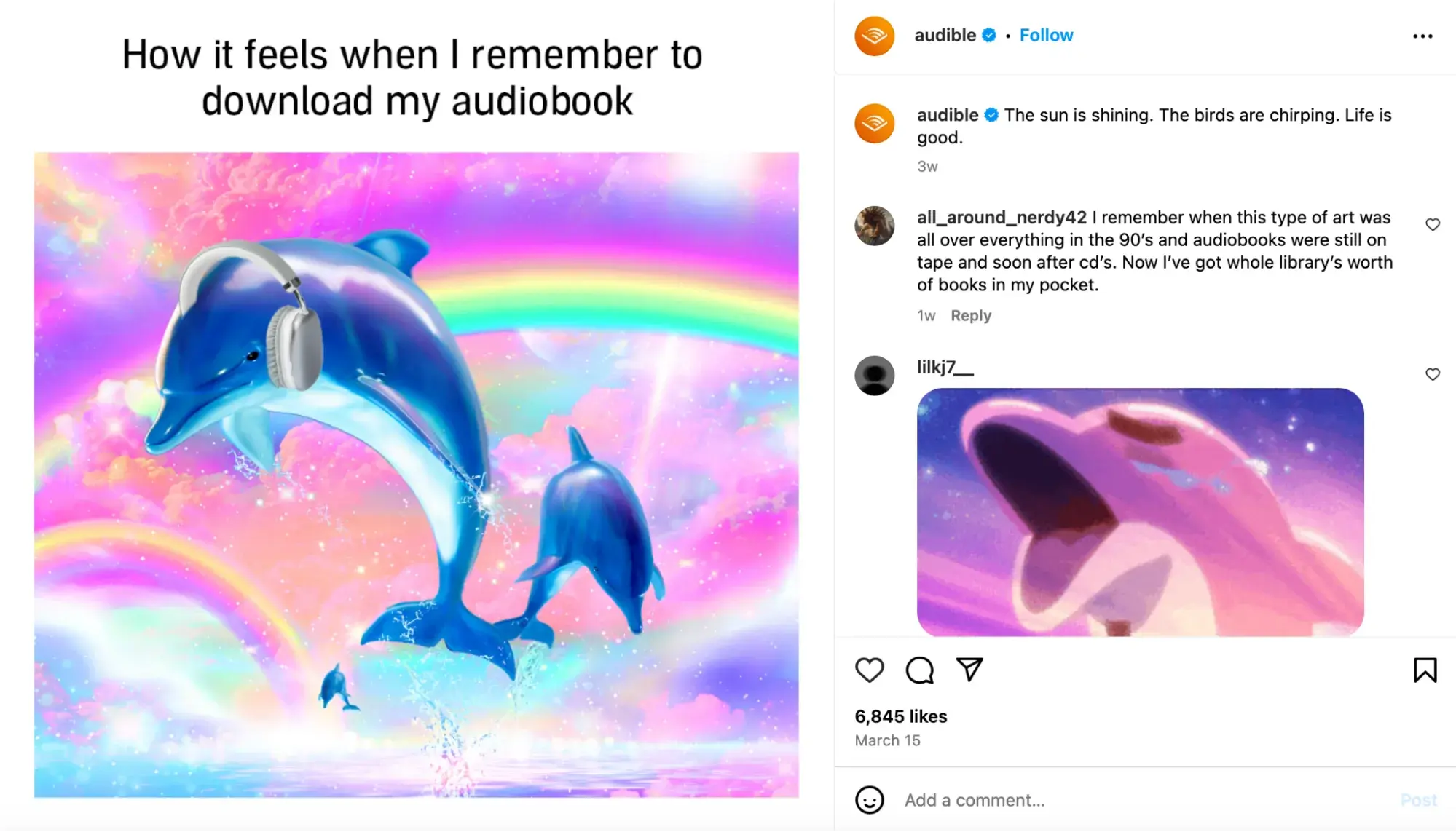 a trending meme from audible’s instagram account.https://www.instagram.com/p/dhnidacxhk1/