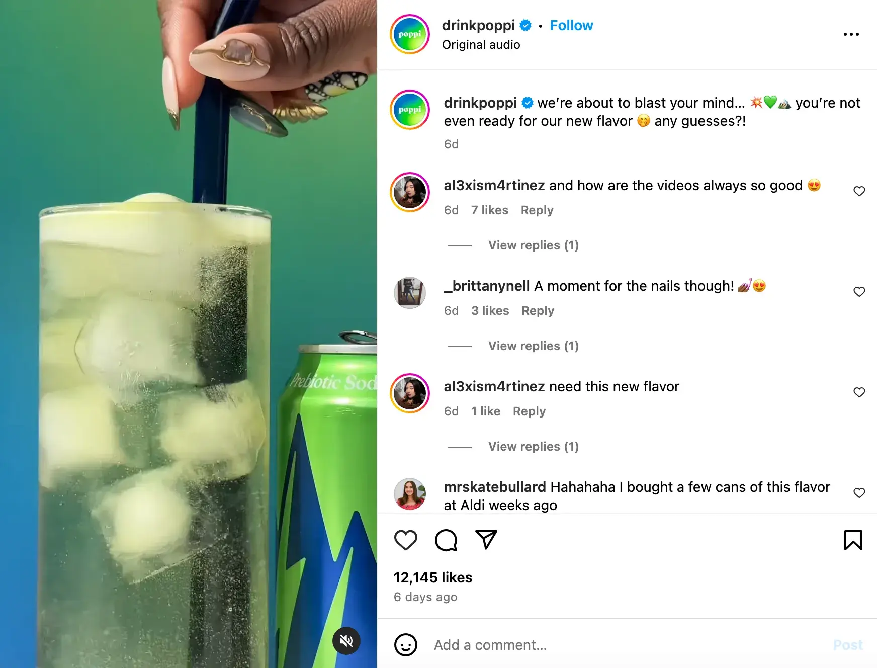 an instagram post from beverage brand poppi that prompts followers to answer a question.https://www.instagram.com/p/dieesomsd7a/