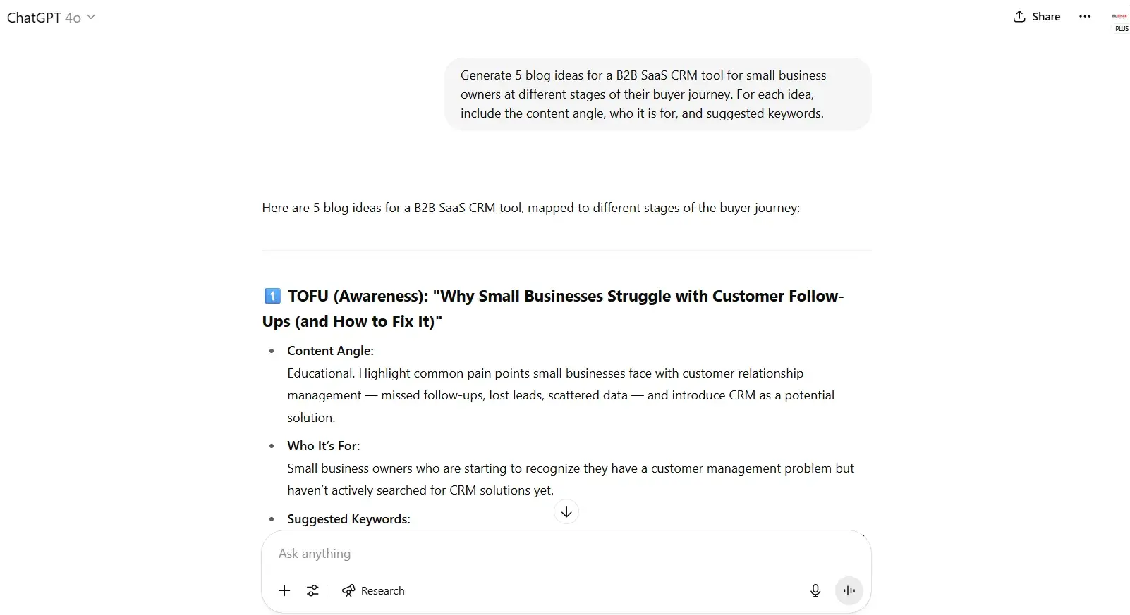 chatgpt prompts, screenshot of my prompt asking for 5 blog ideas