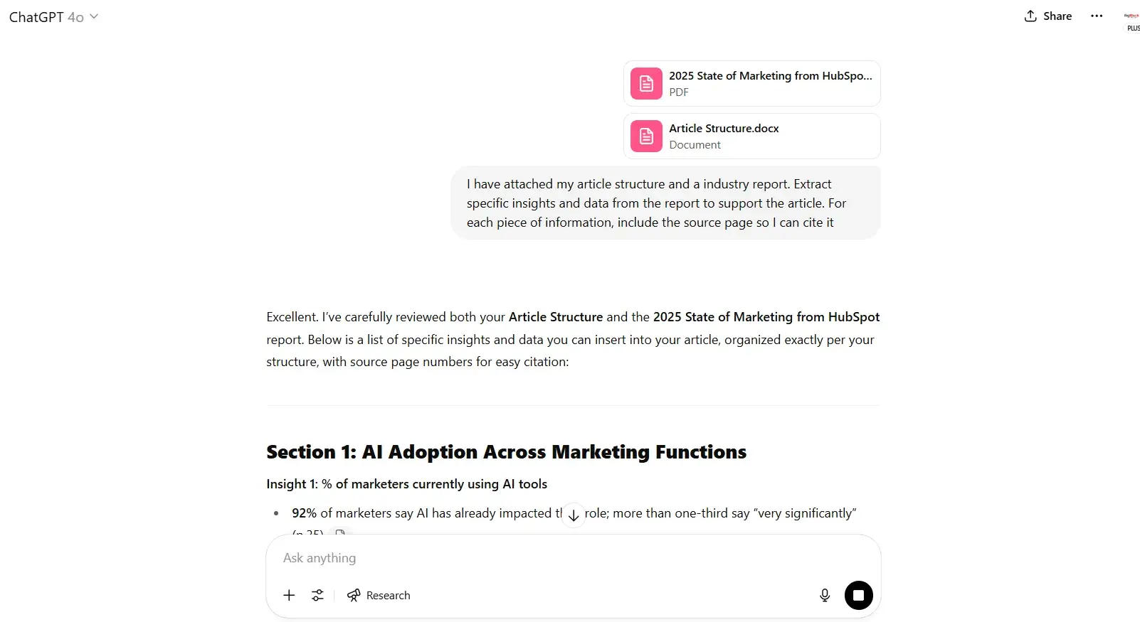 chatgpt prompts, screenshot of my prompt asking for highlights from provided documents