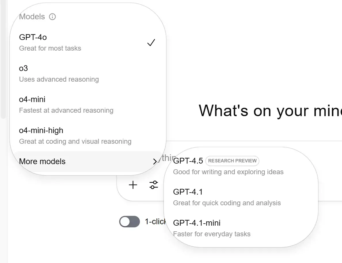 chatgpt prompts, menu of gpt models to choose from
