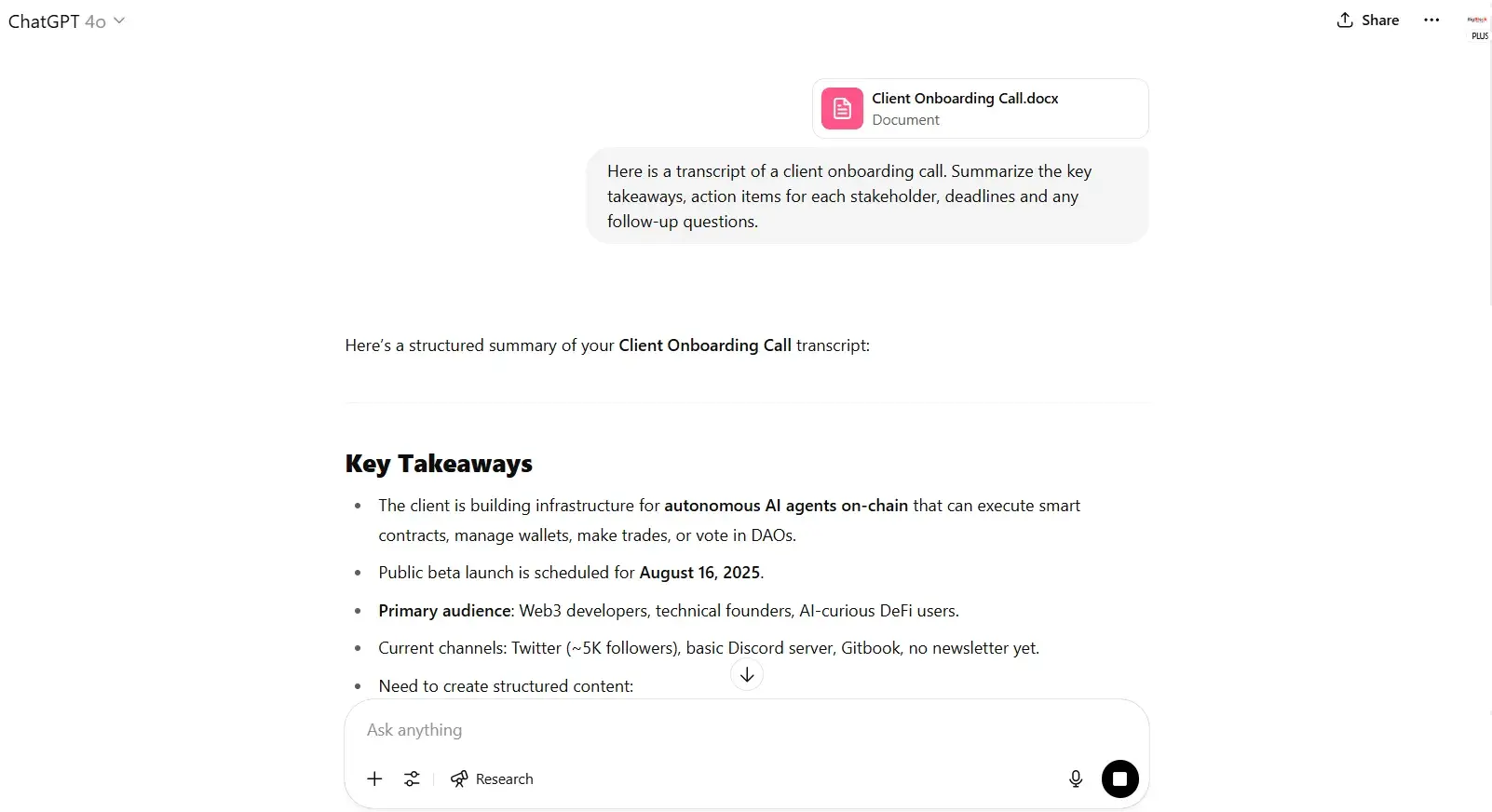 chatgpt prompts, screenshot of my prompt asking for notes from an onboarding call transcript