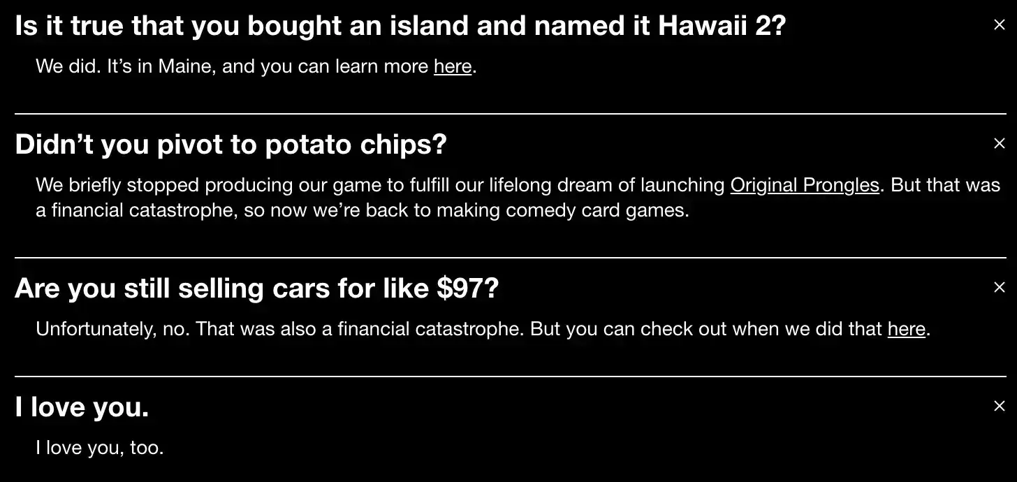 cards against humanity faq answers — copywriting examples