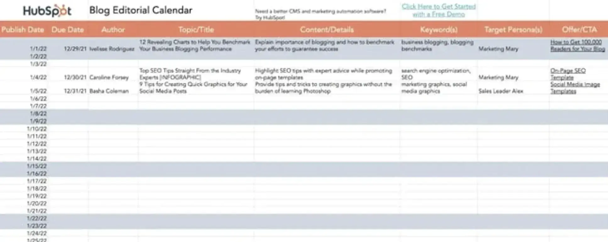 editorial calendar spreadsheet, hubspot