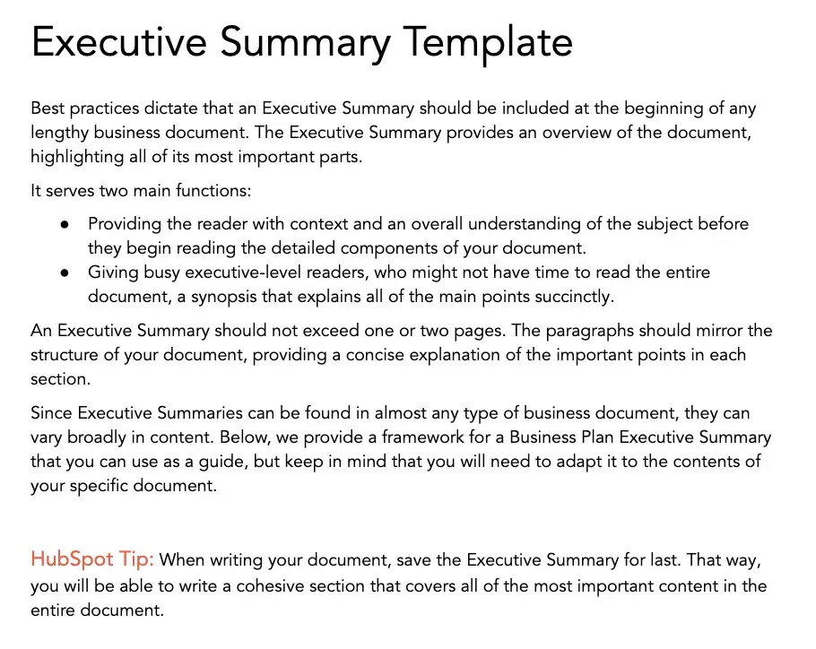 HubSpot's executive summary template
