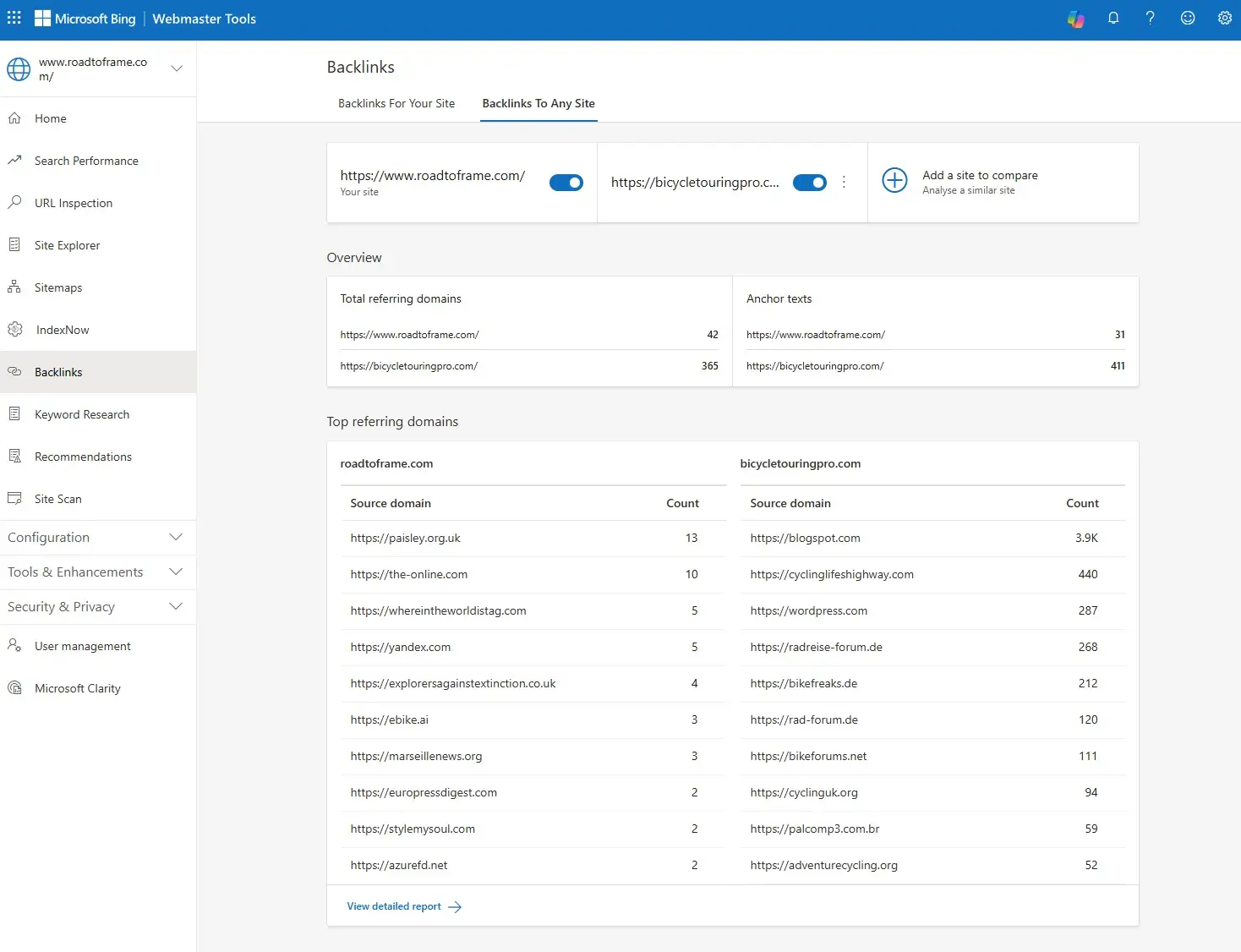 screenshot of bing webmaster tools backlink analysis tool