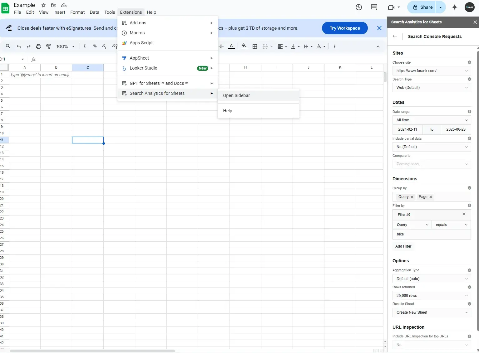 seo analysis tools, google sheets
