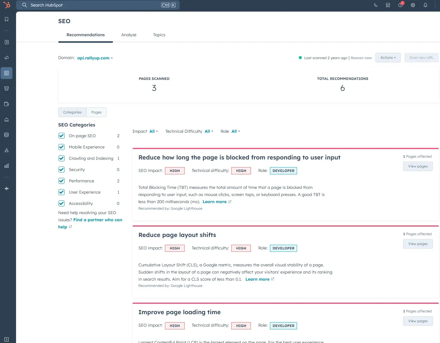 screenshot from hubspot’s seo analysis tool shows the breakdown of technical seo issues with prioritization.