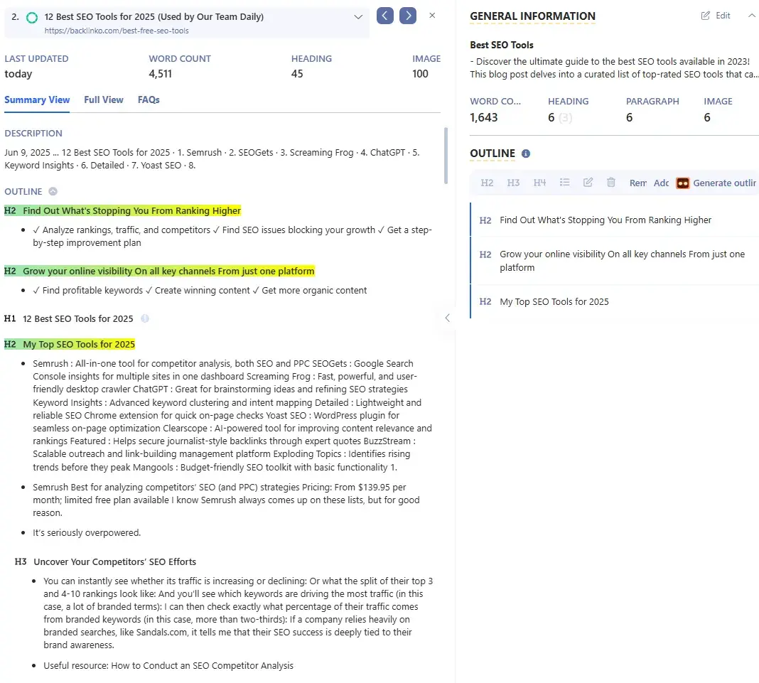 screenshot shows how the writerzen tool performs seo analysis to create a content brief using ai.