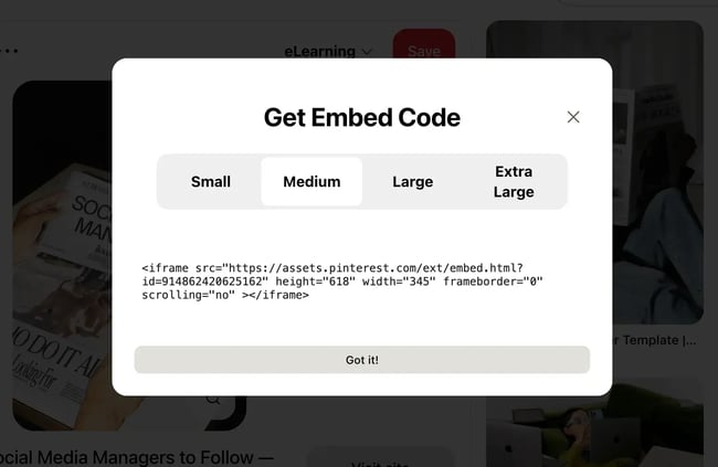 pinterest post embed code with size options