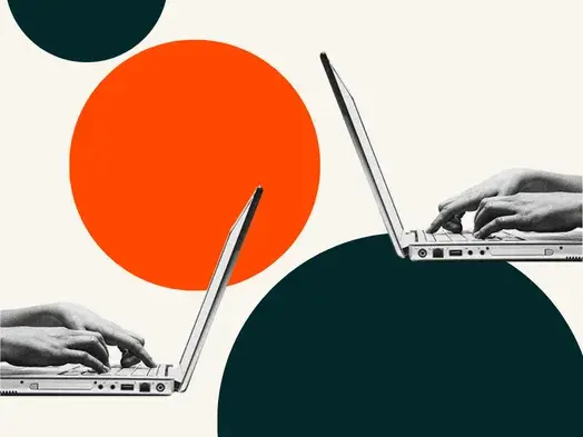 SOAP vs REST APIs graphic with two sets of hands typing on laptops