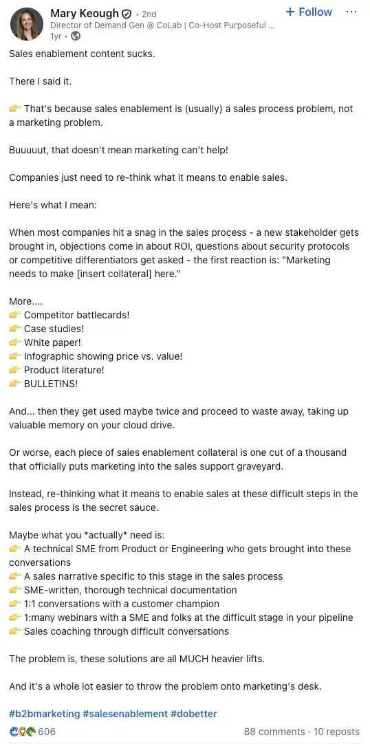 linkedin post from mary keough, director of demand gen at colab software saying that sales enablement failures stem from treating them as marketing problems rather than sales process problems.