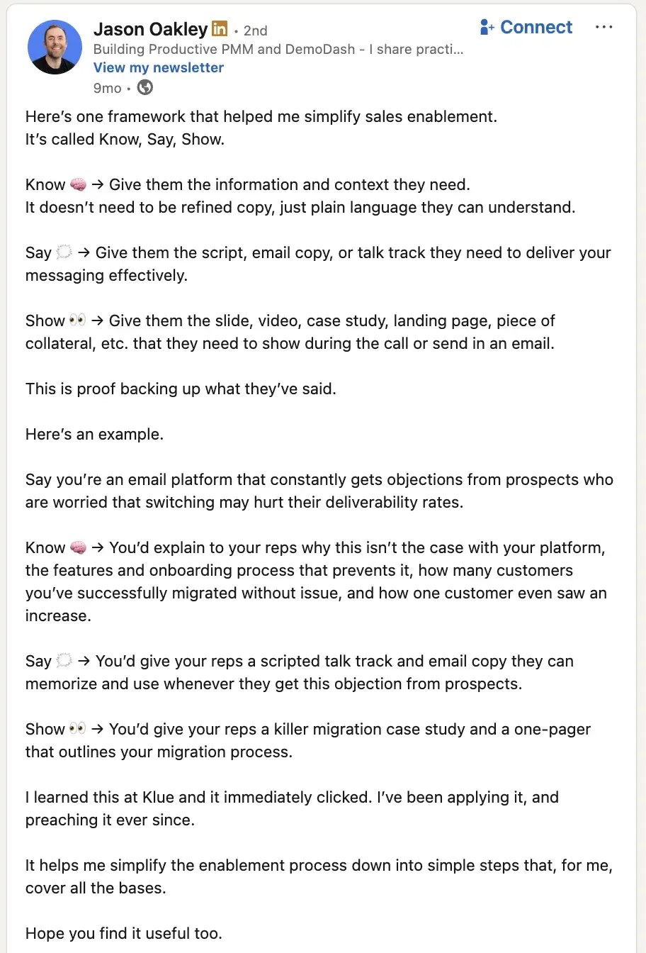 linkedin post from founder of demodash jason oakley's know, say, show framework