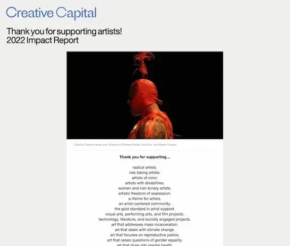 welcome email example from creative capital